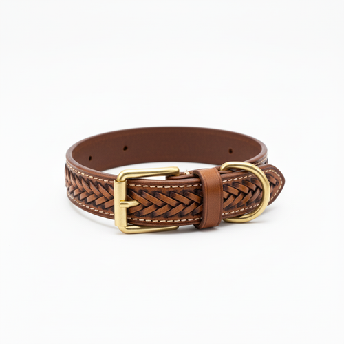 Braided Brown Leather Collar - Square