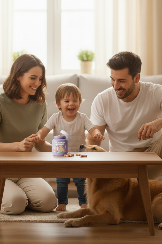 Family with purple bottle and dog