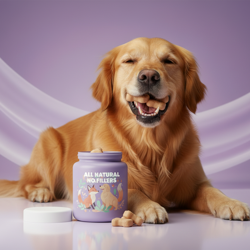 Golden retriever with bone chew bites in mouth