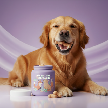 Golden retriever with bone chew bites in mouth