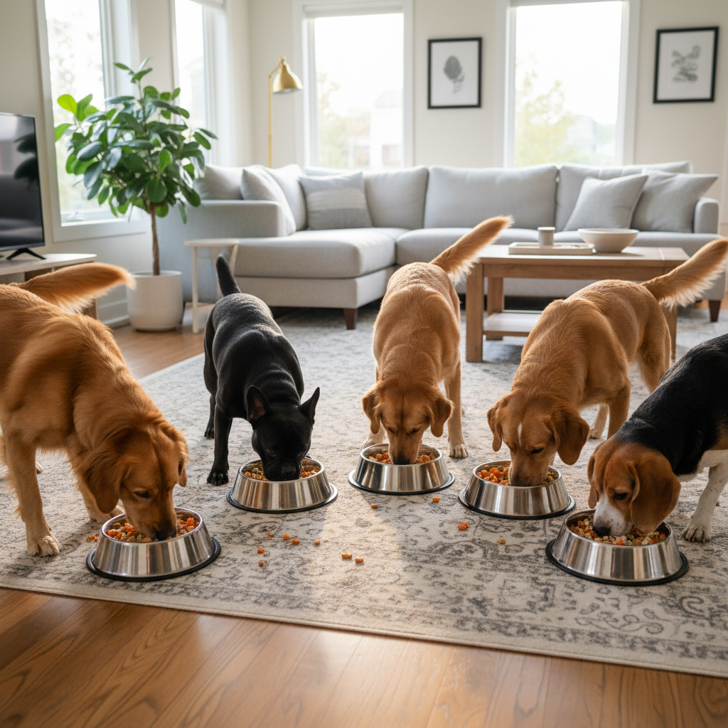 Multiple dogs eating