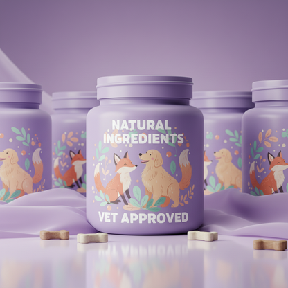 Natural ingredients and vet approved on purple background