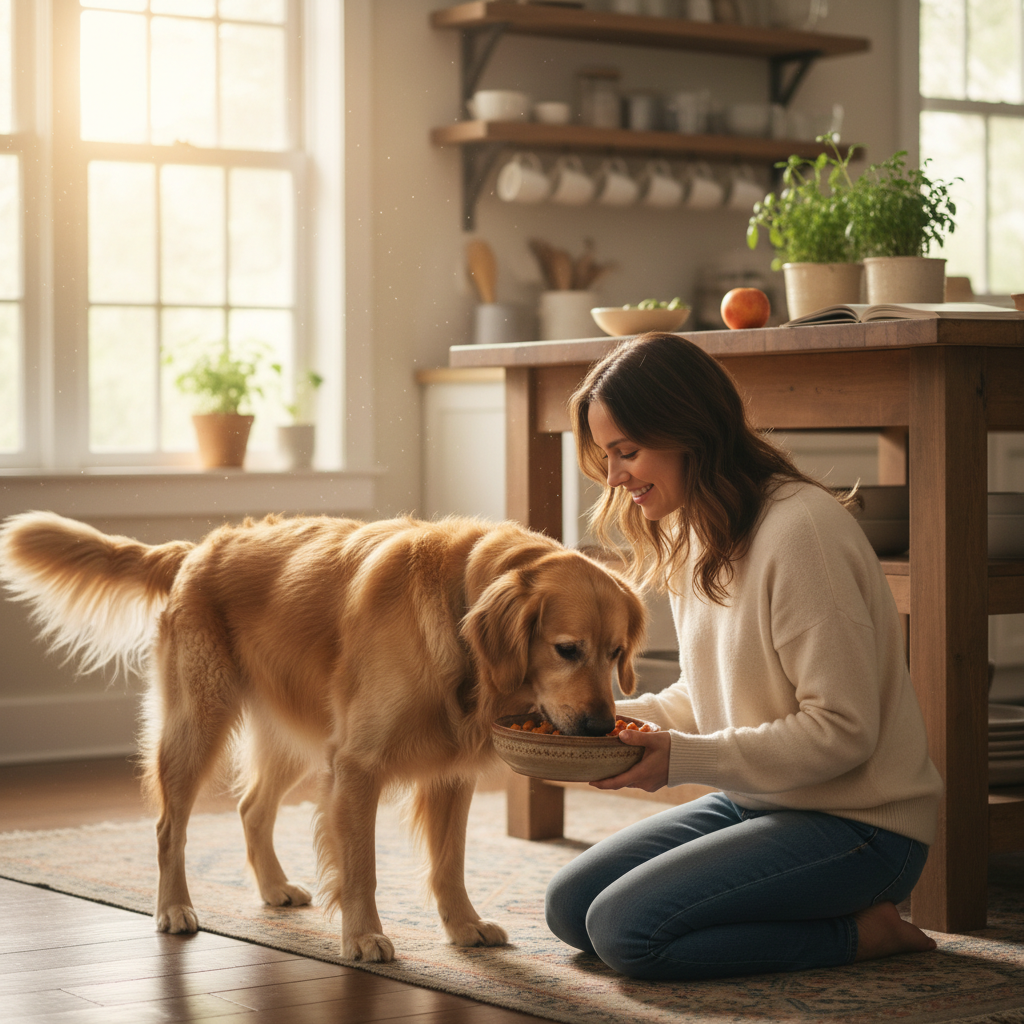 Owner feeding dog