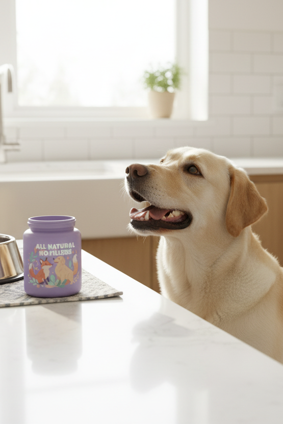 Purple bottle on kitchen counter