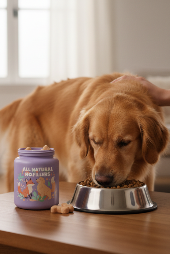 Purple bottle with dog eating