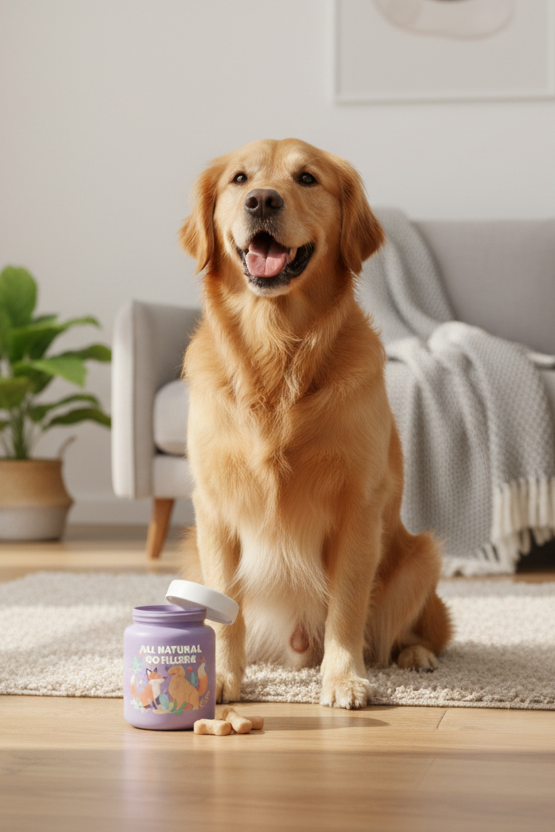 Purple bottle with happy dog