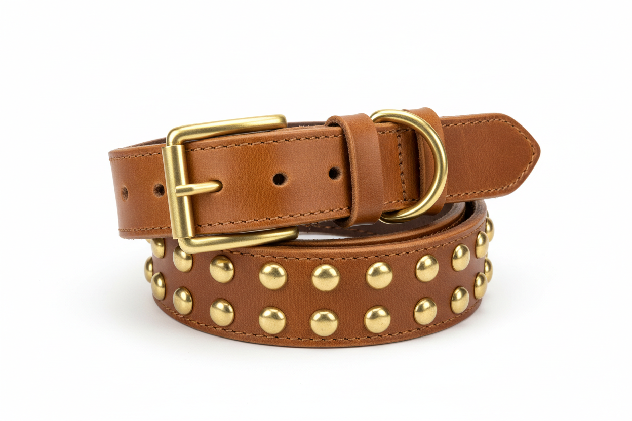 Wide Tan Leather Belt with Studs